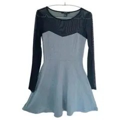 FOREVER21グレー黒シースルー切替フレアワンピース 長袖 美シルエットS