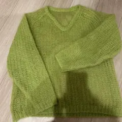 モヘア風Vネック長袖ニット グリーン