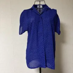 ネイビー ドット柄 シフォン 半袖シャツ