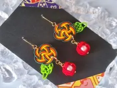 水引ピアス★梅結び+葉っぱ+ビーズ入り玉結び 柑橘系カラー縁起物