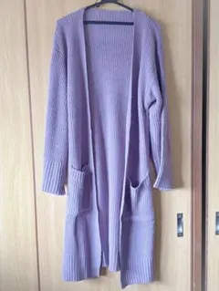 【ほぼ未使用品】パープルリブ編みロングカーディガン ポケット付きFREESIZE