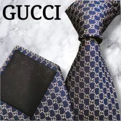 極美品　現行タグ　グッチ　マイクロGG　格子柄　ロゴ刺繍　ジャガード　蜂　紺色