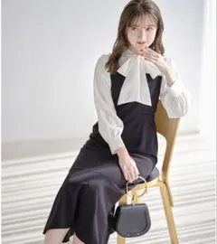 ウエストりぼん付きボウタイリボン配色マーメイドワンピース【avries　アヴリス