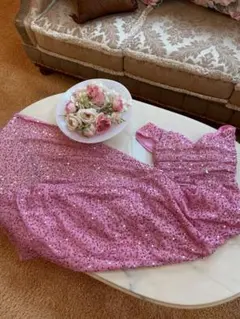 ピンク スパンコール ロングドレス ❣️フレンチスリーブ‼️コンテスト用❣️新品未使用