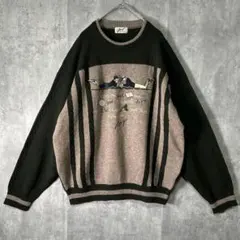 美品 レトロ刺繍 ウール100％ ニット グリーン ヴィンテージ