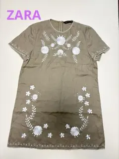 ZARA★リネン花柄刺繍 ワンピース チュニックL