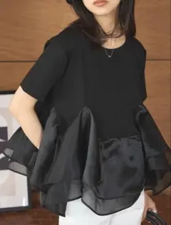 神戸レタス　オーガンジー　フリル　ペプラム　Tシャツ　半袖　M ブラックのサムネイル