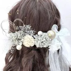 ☆和玉髪飾り☆ドライフラワー振袖袴卒業式成人式結婚式リボンヘッドドレスグレー