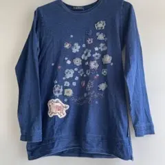 drugstore’s 綿100% 花柄刺繍✖️プリント　ネイビー　 長袖Tシャツ