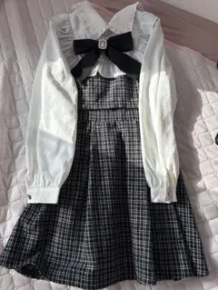 リボン付き チェック柄 長袖ワンピースのサムネイル