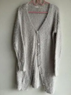 【ロイヤルパーティ】フワフワライトグレーVネックカーディガン　ロング