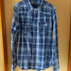 青系チェック柄 長袖シャツ