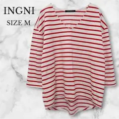✨美品✨イング　Tシャツ　カットソー　ボーダー　七分袖　Vネック　レッド　M