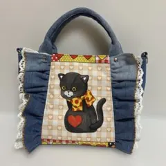 コヤンイサムチョン ハンドメイド黒猫トート レース＆ハートチャーム