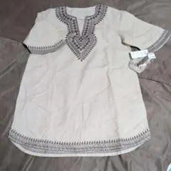 en Vogue 半袖チュニック刺繍入り ベージュ系 M〜L