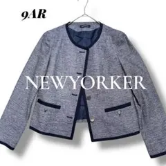 NEWYORKER ニューヨーカー ノーカラー ジャケット ネイビー シルク混