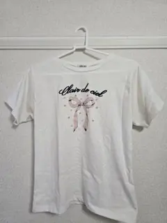 イング 白 ビジューパール付き リボン柄 刺繍ＴシャツINGNI