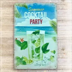 ブリキ看板　夏の南のビーチを眺めながら寝そべって冷たいモヒート飲んでるイメージ