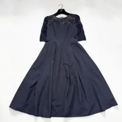 美品 Aimer ラメ 刺繍 レース サテン ロング ドレス レースアップ 紺色