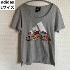 adidas アディダス ロゴ 半袖Tシャツ 花柄 グレー Lサイズ ゆったりのサムネイル
