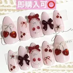 ネイルチップ現品オーダー量産型フレンチガーリー韓国ワンホン赤さくらんぼスナ系白赤
