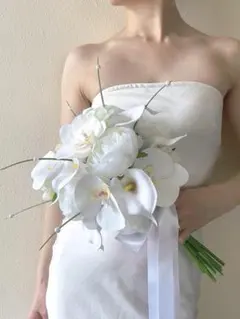 アーティフィシャルフラワー　白　胡蝶蘭　パール　造花ブーケ　ウエディング