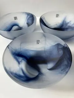 瑠璃器 渓水 3客セット 藍色マーブル　ササキ硝子 食器 ボウル　14センチのサムネイル