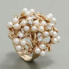 17〜20号　大ぶりブーケリング　CZダイヤ　パール　ローズゴールド　エレガント