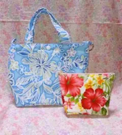 ブルーハワイアントートバッグ　ポーチセット　花柄ミニトートバッグ　ハイビスカス