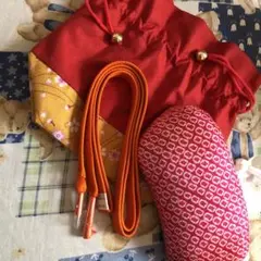 和装巾着（赤と黄色 花柄）枕、帯締め　着物小物