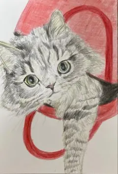 猫のイラスト　猫の絵　手描き　原画　ポストカード　色鉛筆画　『連れてってにゃ』