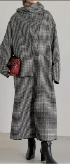 【タグ付き】リエディ ダブルフェイスチェックマフラー付きロングガウンコート