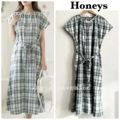ハニーズ 半袖 シャツ ロング ワンピース グリーン チェック バンドカラー L