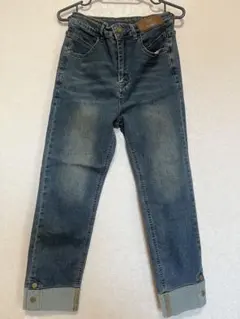 デニムパンツ ジーンズ ハイウエスト ロールアップデザイン ブルー