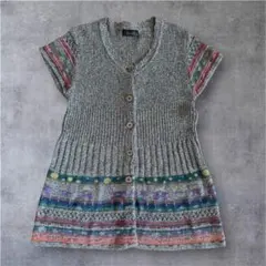 半袖ボタン付きカーディガン 透かし編み　グレー系