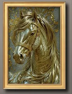 幸運の黄金馬　知恵や洞察力　守り神　縁起の良い　額縁付き　開運グラフィックアート