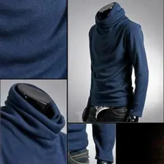 ブルー XL アフガン ネック タートルネック 長袖 Tシャツ カットソー