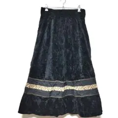 希少✨ビンテージ ベロア ロングスカート ペイズリー刺繍 黒 金 42 XL相当