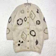 昭和レトロ ニットジャケット/金ボタン ノーカラー 柄刺繍 ポケット 裏地あり