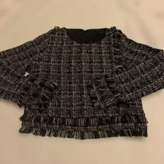 ノーカラーフリルジャケット 黒白ツイード