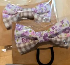 ハンドメイド 花柄チェックリボンヘアゴム2個セット no.80