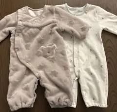 ベージュ クマ刺繍ロンパース ホワイト　ロンパース50-60cm 2枚セット