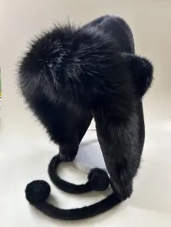 クマ耳付き フード帽子 ファー ボンネット 耳あて 紐付き 黒 ふわふわ