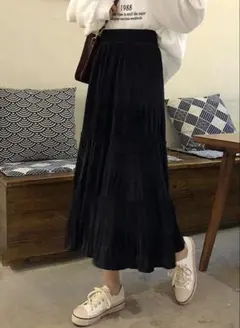 ベロア プリーツ ティアード スカート(ブラック)
