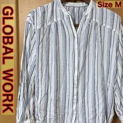 GLOBAL WORK マルチカラーストライプ柄長袖シャツ スリットネック M