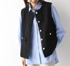 グローバルワーク　ツイードフリンジベスト　ブラック　金ボタン　フォーマル