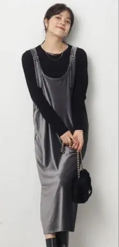 リブベロアジャンパースカート チャコールグレー ノースリーブ ワンピース新品