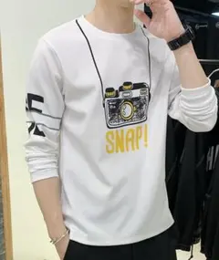 白　メンズ　ロンT　Tシャツ　長袖　柄　カメラ　シンプル　大きい　ゆったり　XL