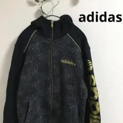 adidas ビッグロゴ　アームロゴ　パーカー　ブラック×ゴールド