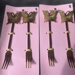 蝶デザインの金属製フォーク2本セット×2点　パーティケーキイベントフルーツ